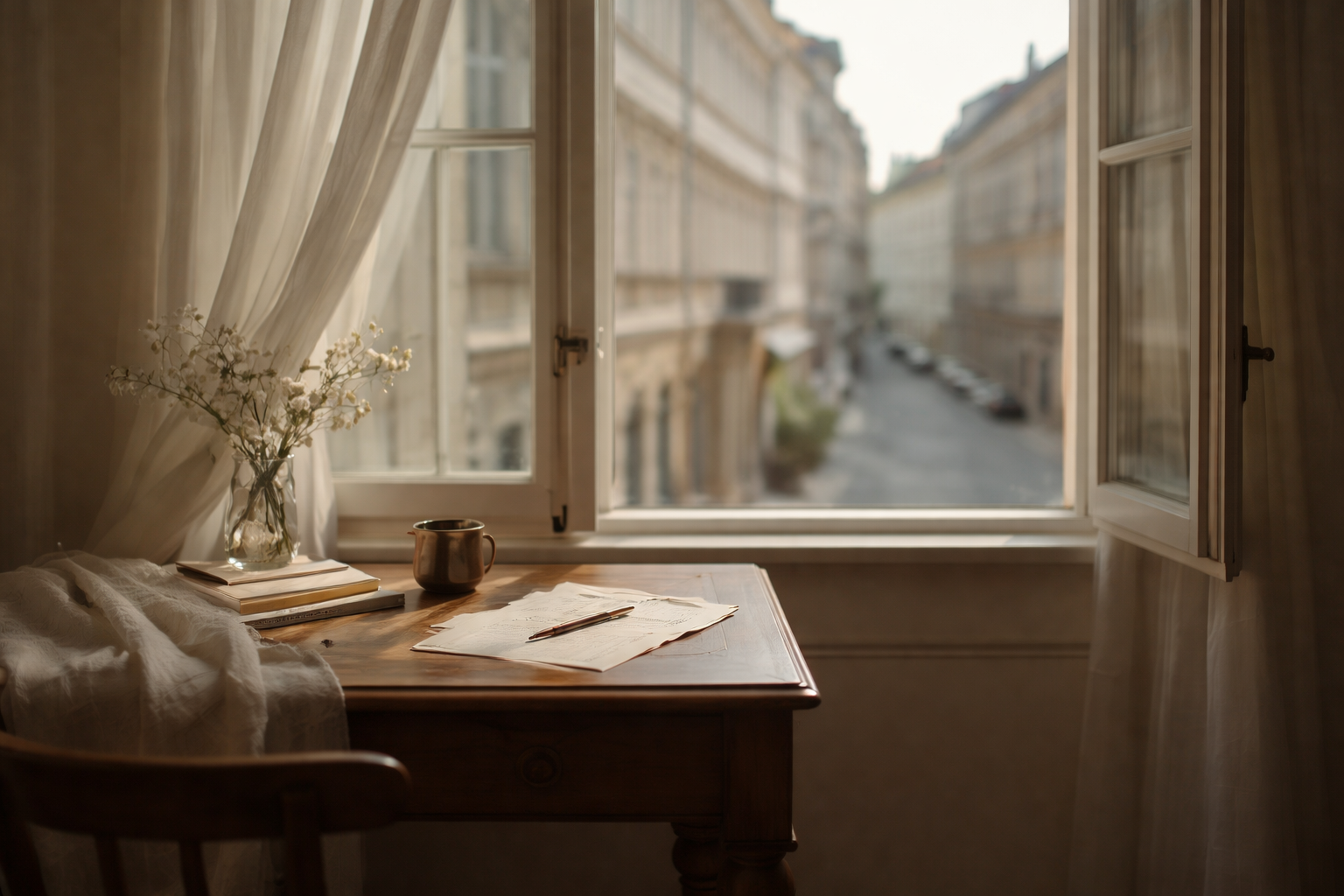 A wooden desk beside an open window with papers and a pen, soft daylight entering a quiet city street beyond.